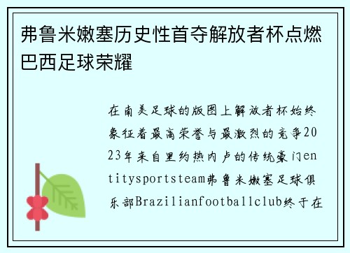 弗鲁米嫩塞历史性首夺解放者杯点燃巴西足球荣耀